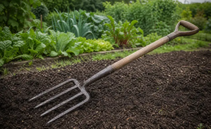 A four-tine digging fork resting on loosened garden soil