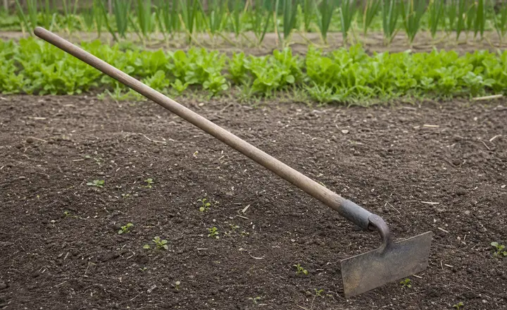 A draw hoe resting across a vegetable bed with small weed seedlings