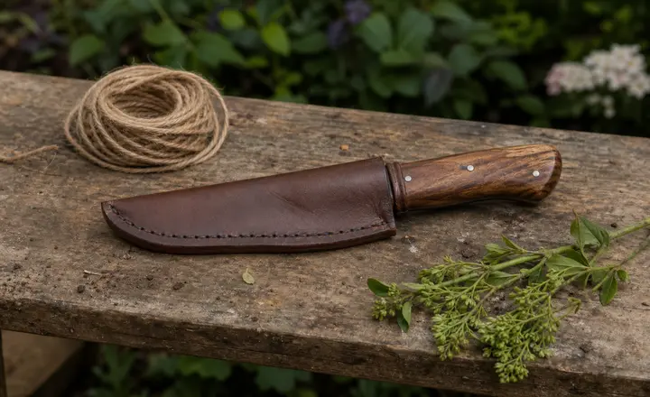 A sheathed garden knife beside twine and cut stems on a workbench