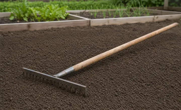 A rigid garden rake resting on a freshly levelled seedbed