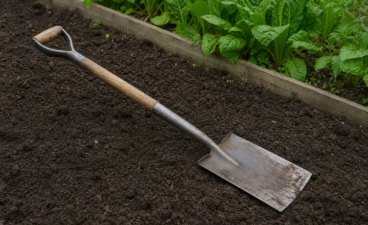 A garden spade resting on prepared soil beside a vegetable bed