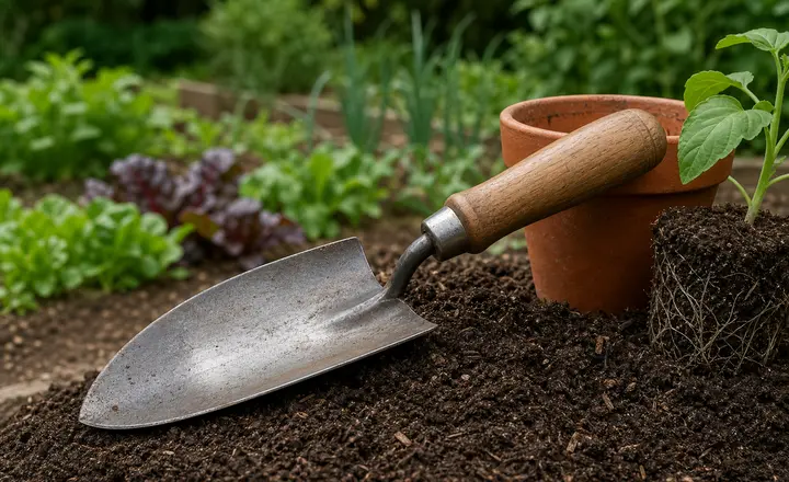 A hand trowel beside a pot and seedling in a vegetable garden