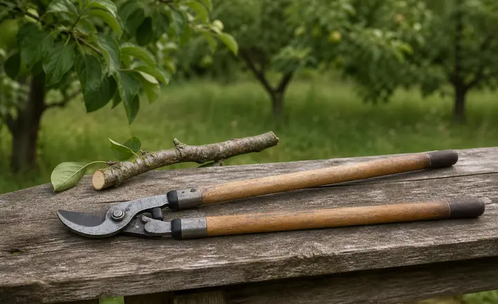 Bypass loppers resting beside a pruned orchard branch