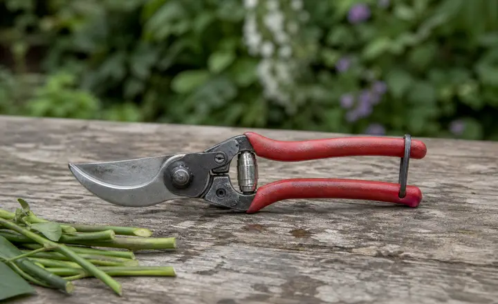 Closed bypass secateurs beside freshly cut green stems