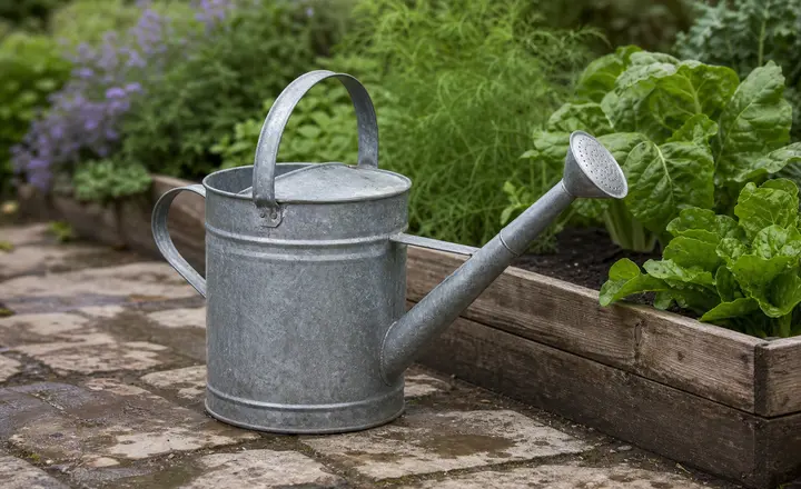 A galvanised watering can beside a raised vegetable bed