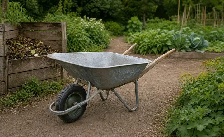 A single-wheel metal wheelbarrow on a vegetable garden path
